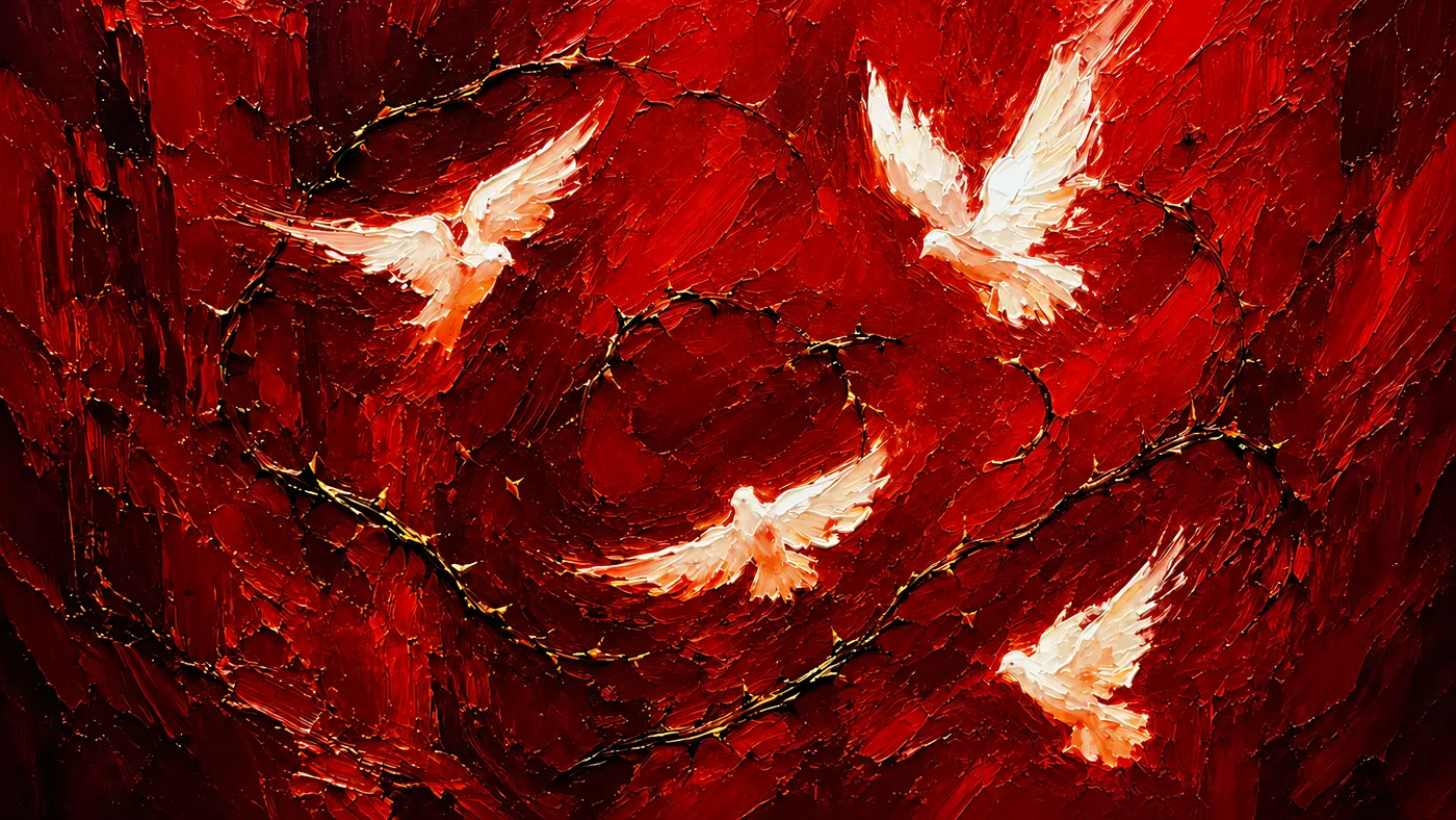 Doves in red, painted in as you scroll