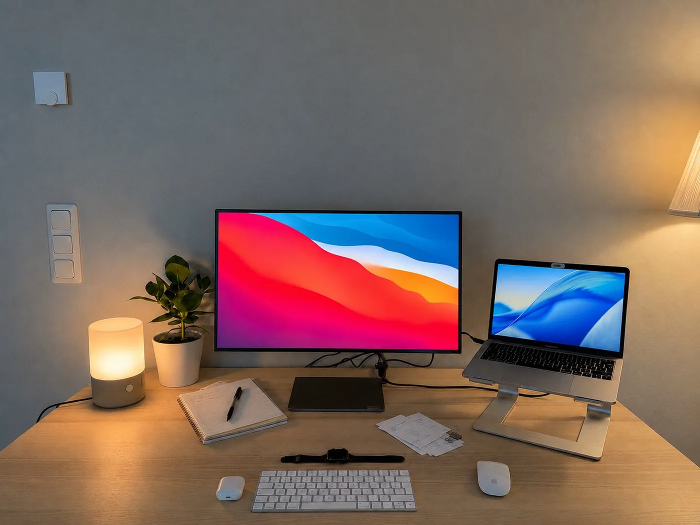 Desk running the default wallpapers