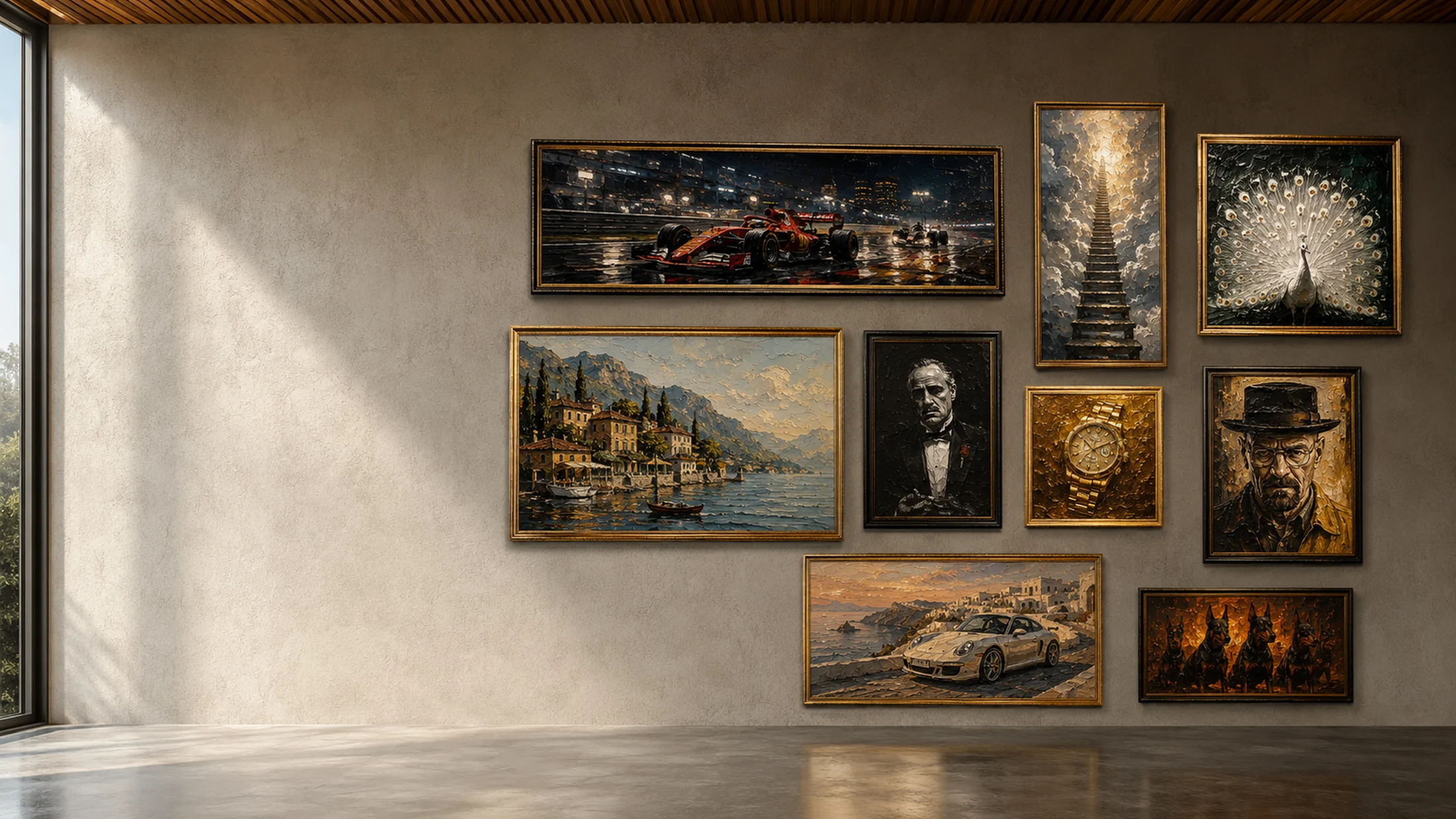 A wall of framed works in a sunlit room